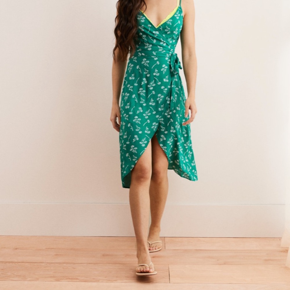 Green aerie floral midi wrap dress